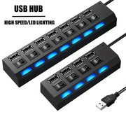 USB 2.0 Hub 7 Ports or 4 Ports with LED Light and Independent Power Switch for Data Transfer