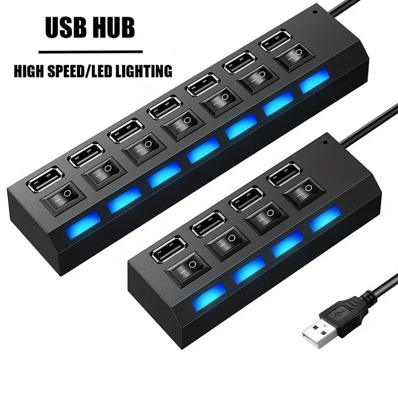 USB 2.0 Hub 7 Ports or 4 Ports with LED Light and Independent Power Switch for Data Transfer