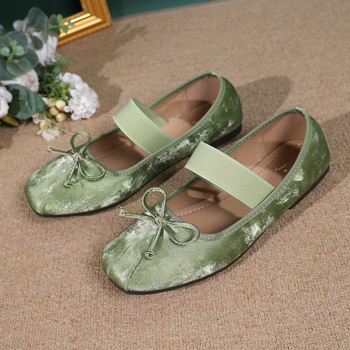 Женские балетные туфли с бантом, квадратный нос, синтетическая обивка, легкие туфли-слипоны