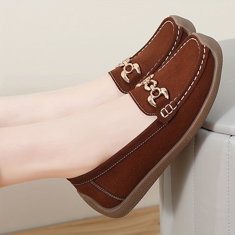 Women's Brown Synthetic Slip-On Loafers with Gold Chain, Round Toe