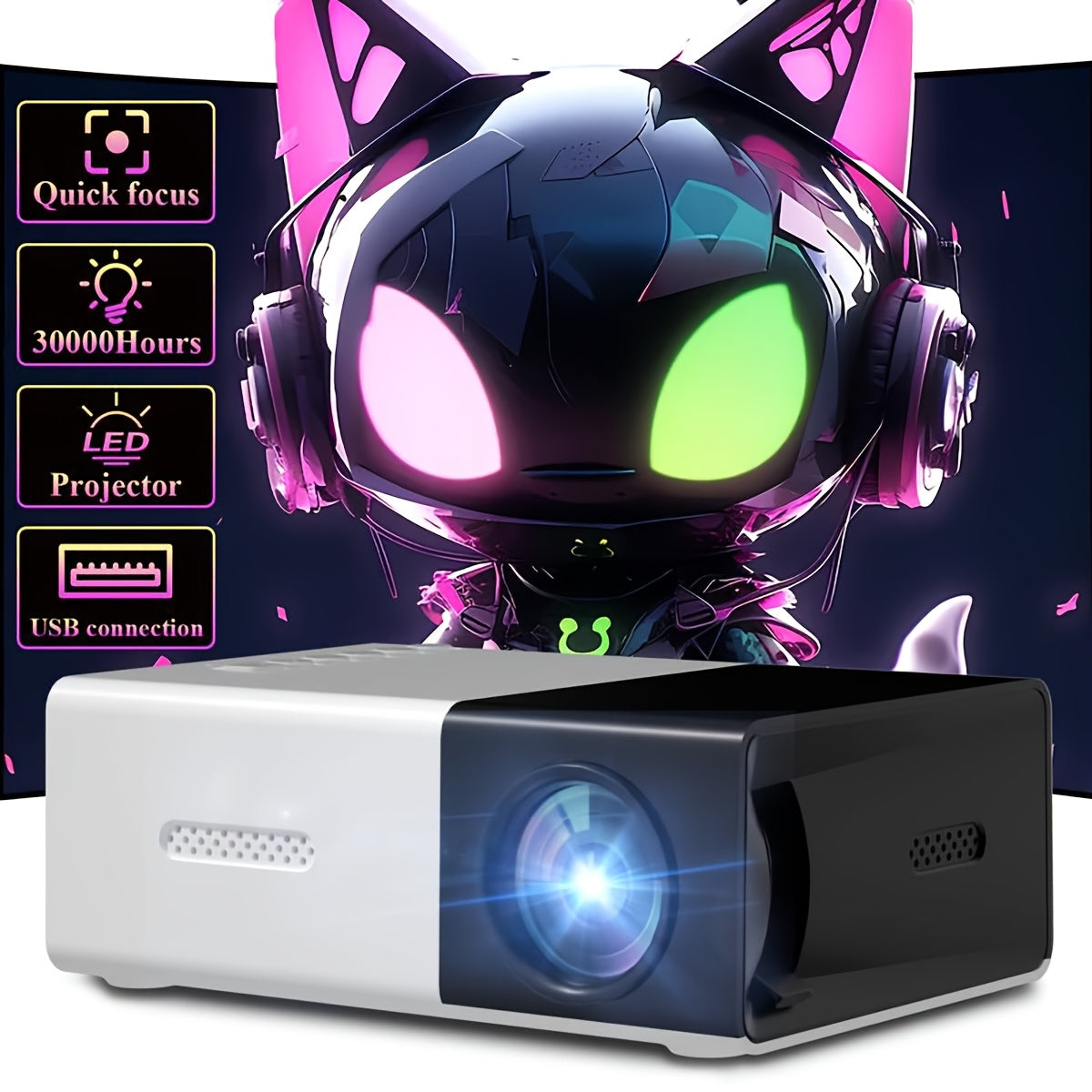 Портативный мини-проектор с европейской вилкой, поддержка 1080P, экран для фильмов и игр