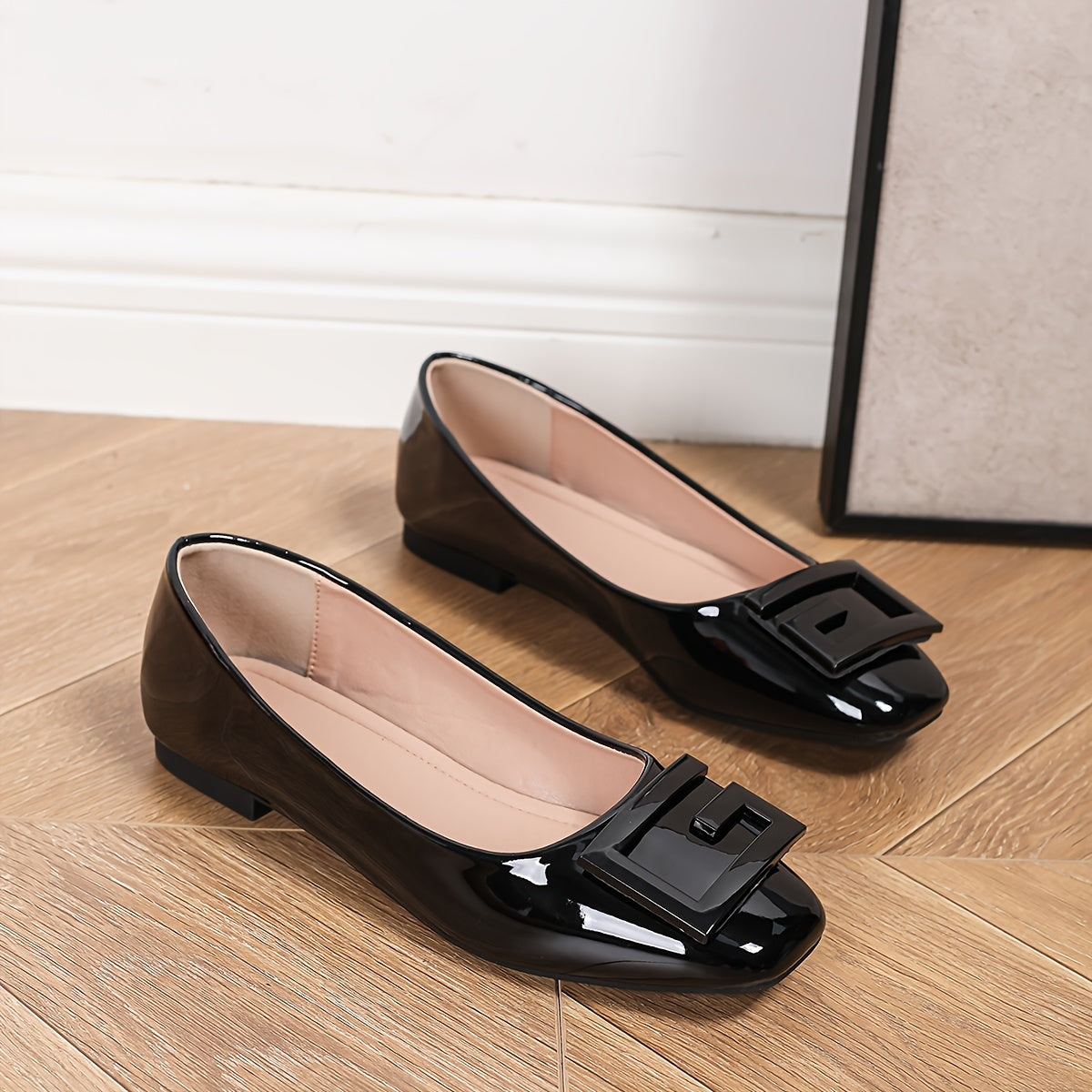 Women's Faux Leather Slip-On Flats with G Buckle Square Toe in Red Green Brown Black