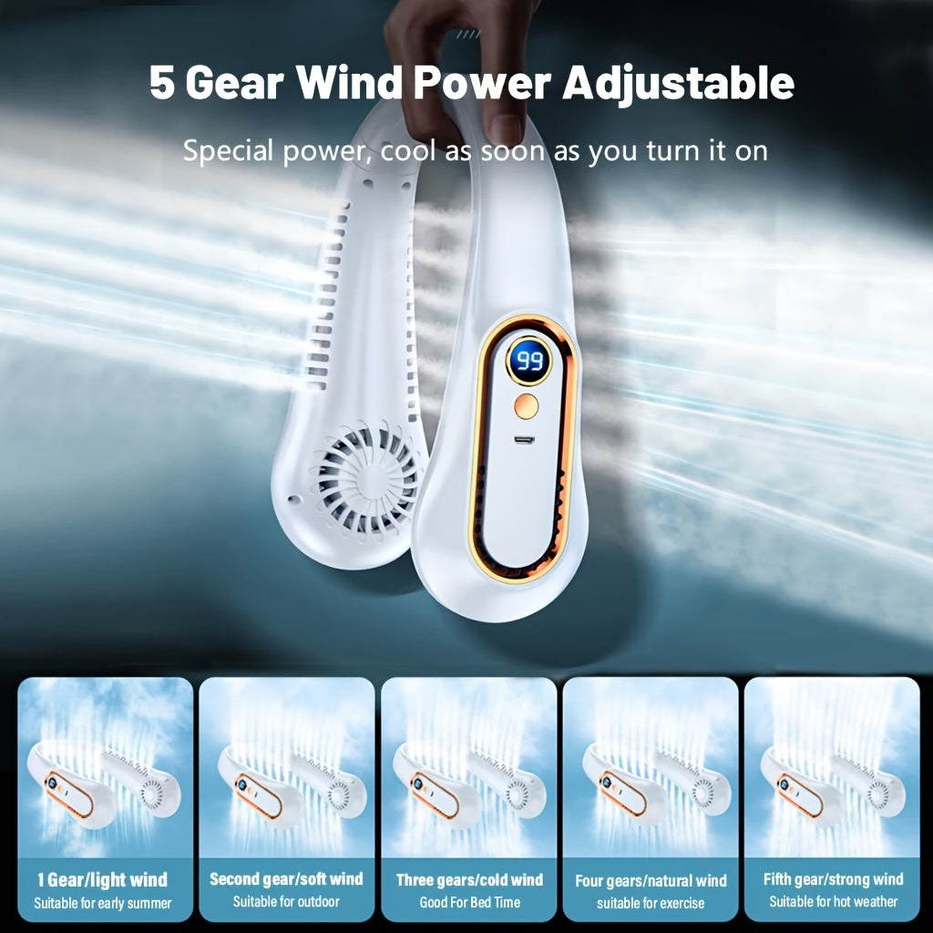 Portable Mini Neck Fan USB Rechargeable 5-Speed Adjustable Safe Comfortable for Office Sports Outdoor