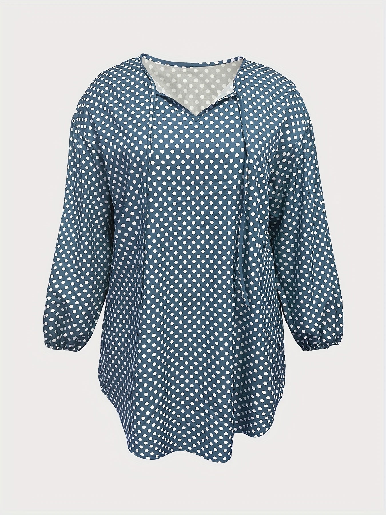 Plus Size Women's Casual V-Neck Tie Front Blouse Blue White Polka Dots