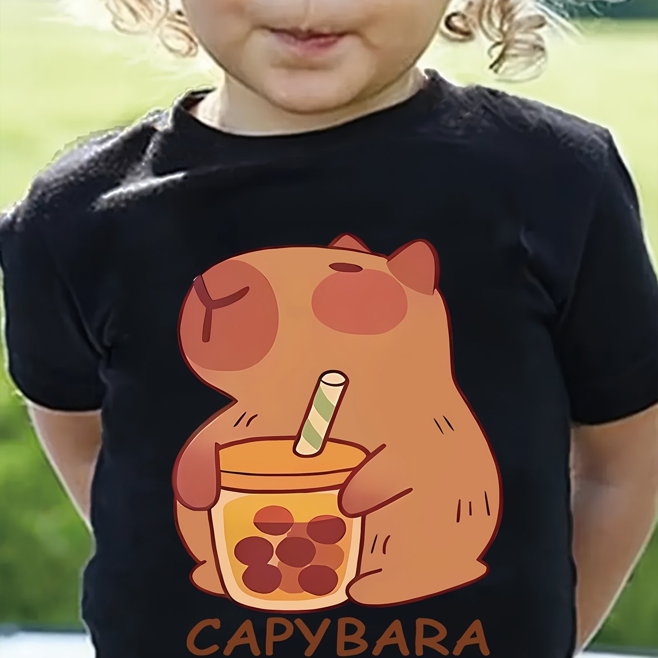 Girls' Knit Top with Capybara Drinking Milk Tea Pattern, Spring Summer Casual T-Shirt