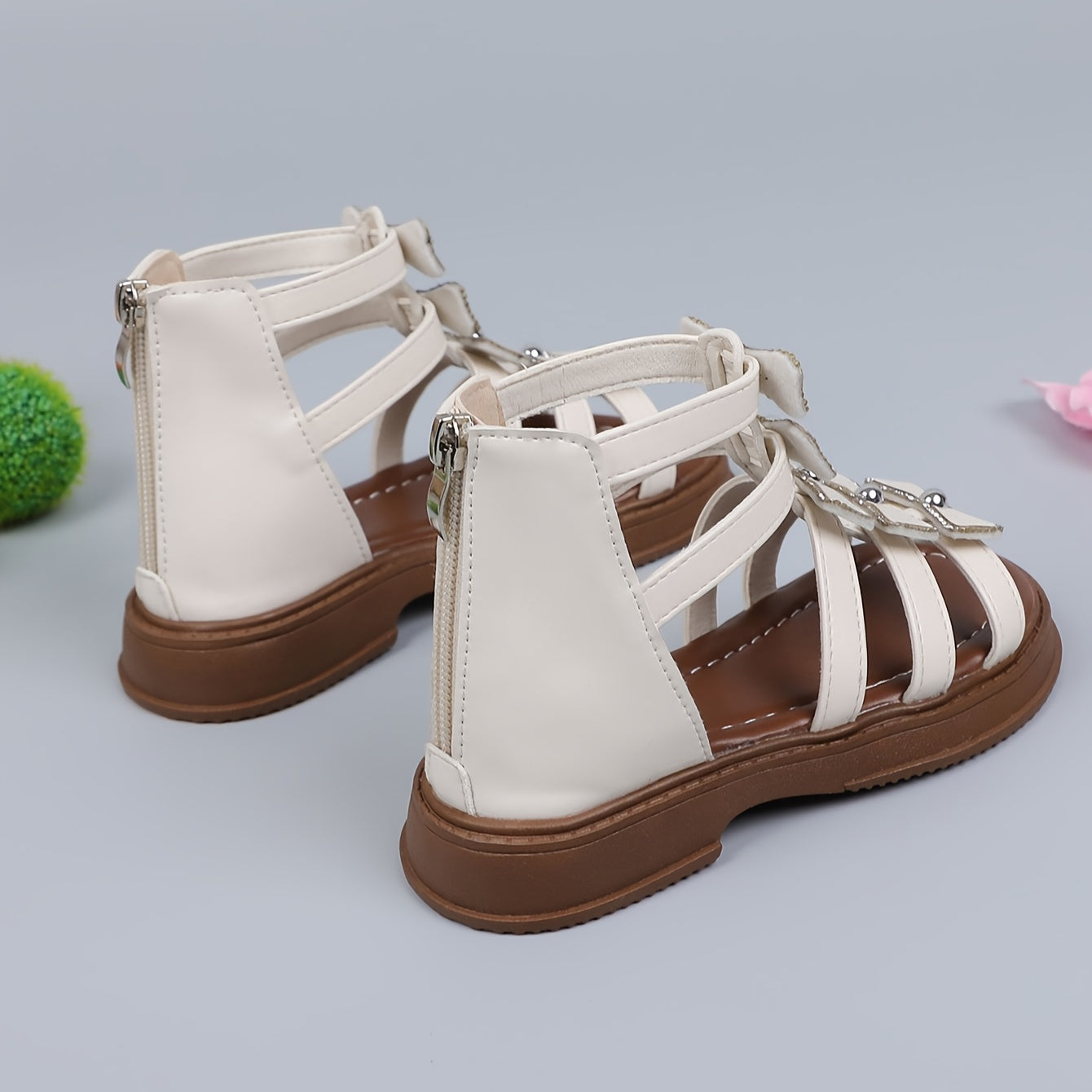 Girls Striped Mid-Top Roman Sandals with Zipper Closure PU Upper PVC Sole Summer Footwear