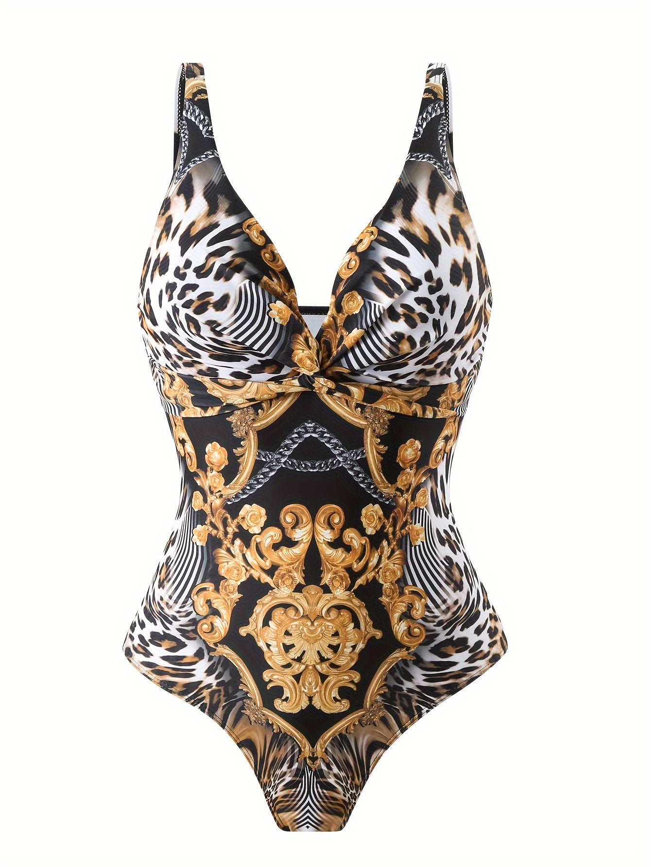 Leopard Print Body Suit Set with Twist Design and Deep V Neck for Women