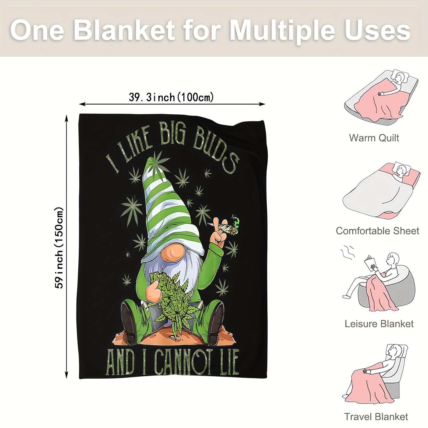 Flannel Throw Blanket Gnome Leaf Design Soft Polyester Knit for Bed Sofa Home Decor