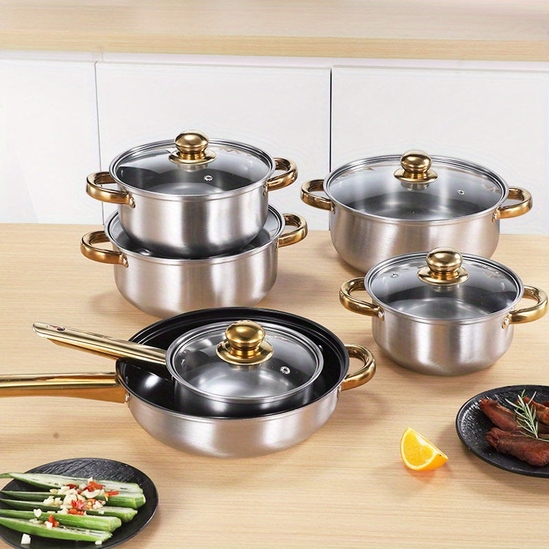 Stainless Steel Cookware Set 12 Pieces with Golden Handles Removable Lids