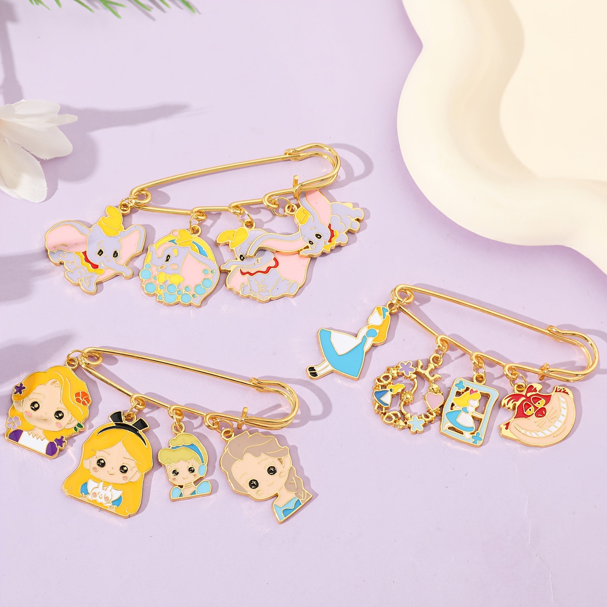 Set of 3 Cartoon Princess and Dumbo Enamel Brooch Pins Zinc Alloy Kids Girls Backpack Clothes Jewelry