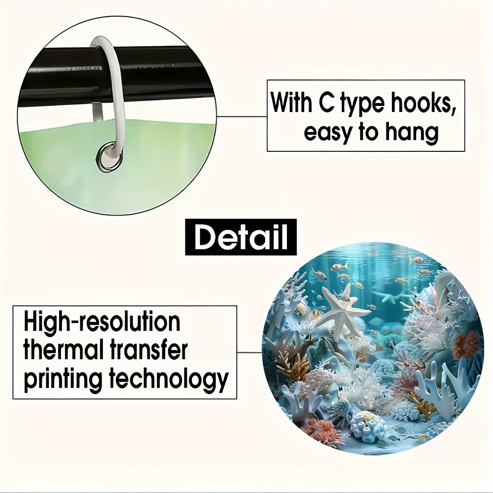 Ocean Style Shower Curtain Set with Shell and Starfish Print Waterproof Bathroom Decor with Non-Slip Mat and Hooks