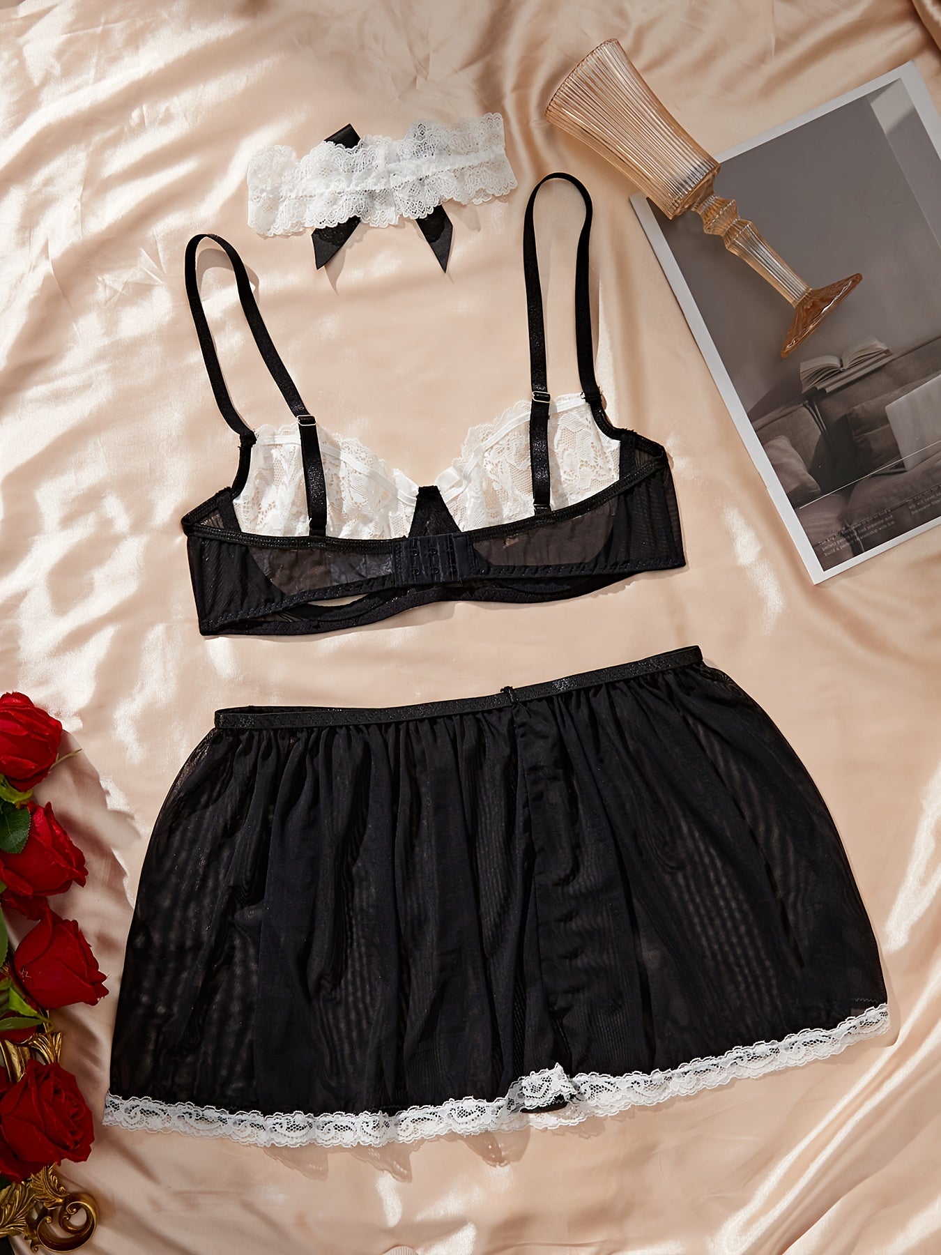 Women's Floral Lace Lingerie Set with Semi-Sheer Bra Mini Skirt and Choker