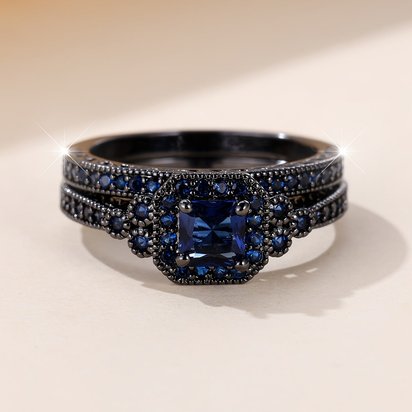 Set of 2 Elegant Promise Rings with Dark Blue Zirconia Halo and Eternity Band for Engagement or Wedding