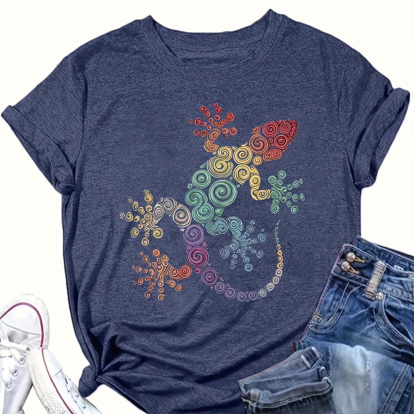 Plus Size Colorful Spiral Gecko Print T-Shirt Casual Breathable Summer Autumn