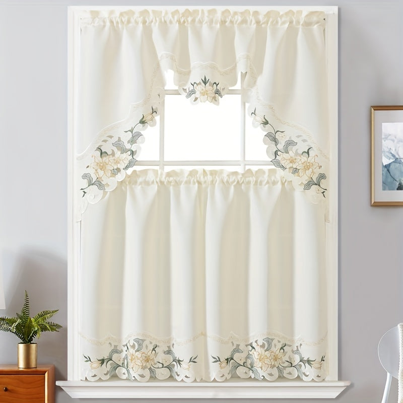 3-Donali bej gullar bilan to'qilgan polyester deraza pardalari, yotoqxona, mehmonxona, oshxona uchun