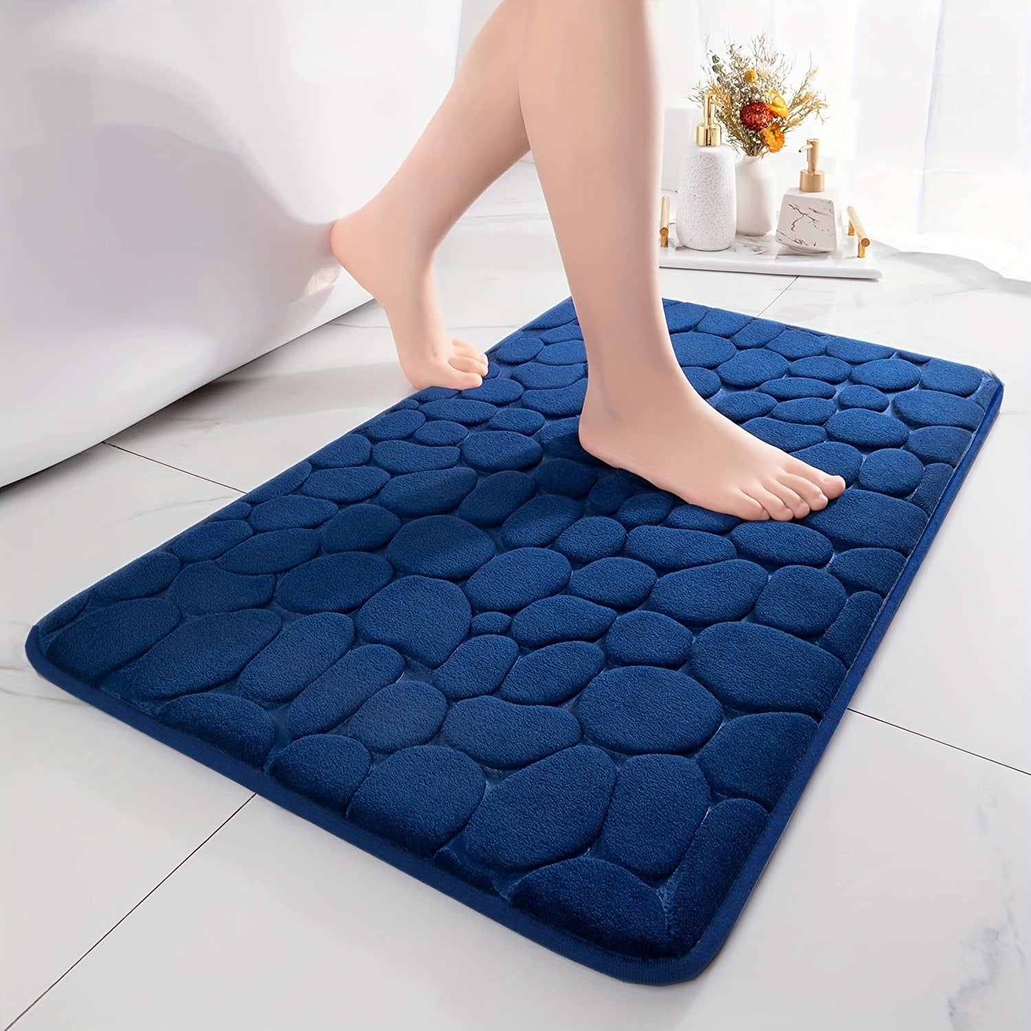 Alfombra de baño de espuma viscoelástica antideslizante, absorbente, suave, con relieve de piedra de río, lavable a máquina