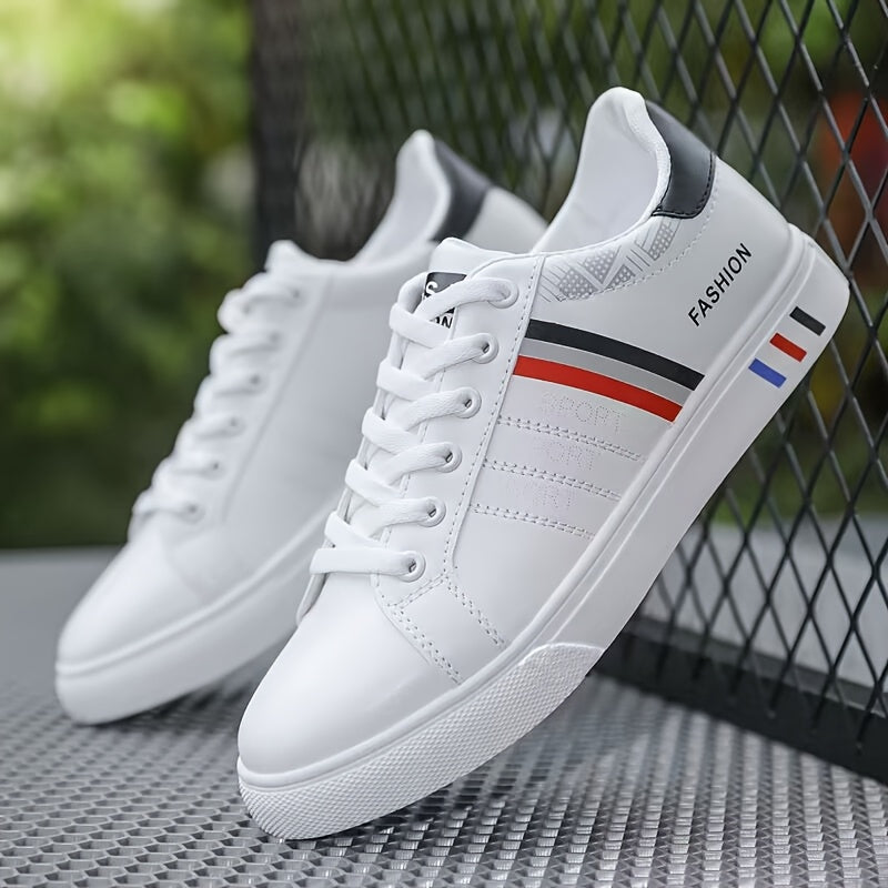 Men's White Skate Sneakers with PU Upper Rubber Sole Lace-Up Striped Casual