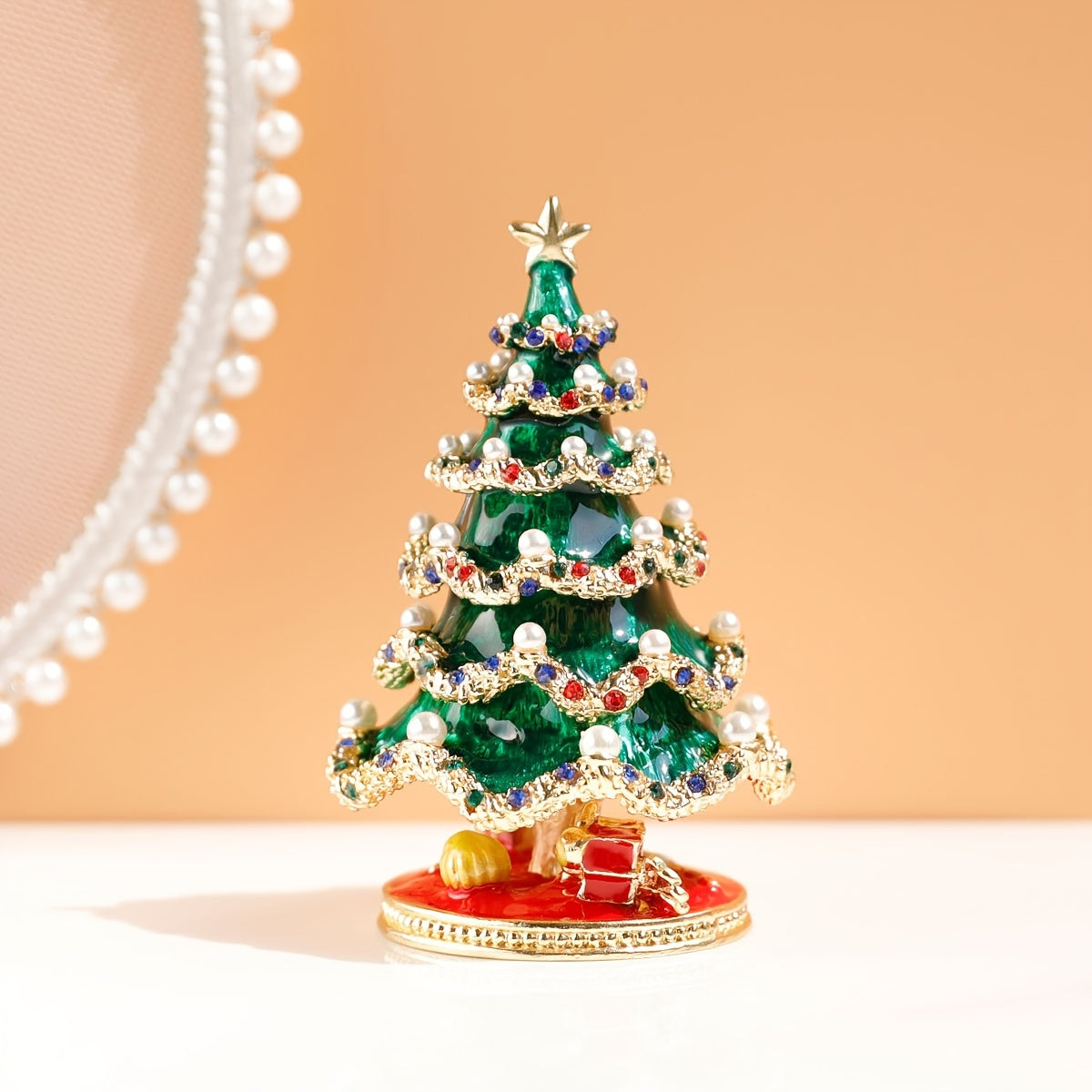 Painted Christmas Tree Jewelry Ornament Box for Holiday Gifts and Decorations