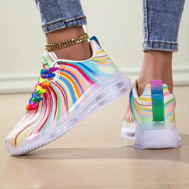 Women’s Rainbow Striped Mesh Sneakers Low-Top Casual Shoes Breathable Flexible