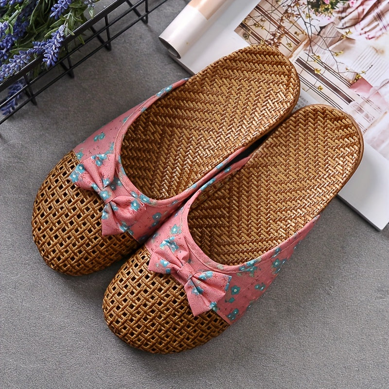 Women's Summer Straw Indoor Slippers Non-Slip Thick Sole Floor Linen