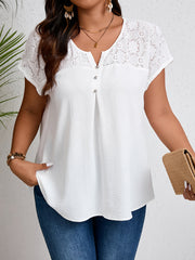 Plus Size Casual V-Neck Short Sleeve Top with Mesh Paneling for Outings