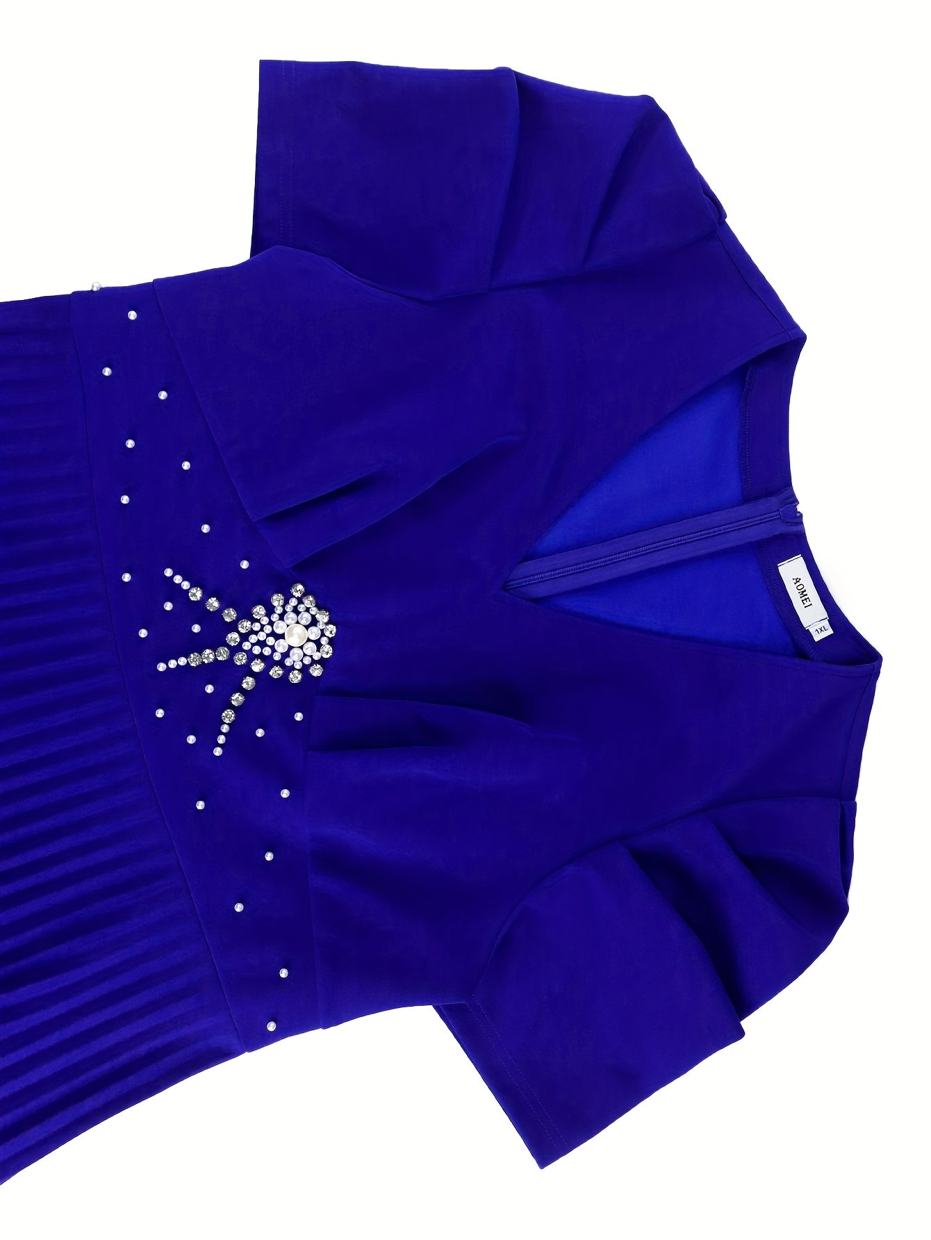 Women's Blue Beaded Rhinestone V-Neck Evening Dress Midi A-Line Party Gown