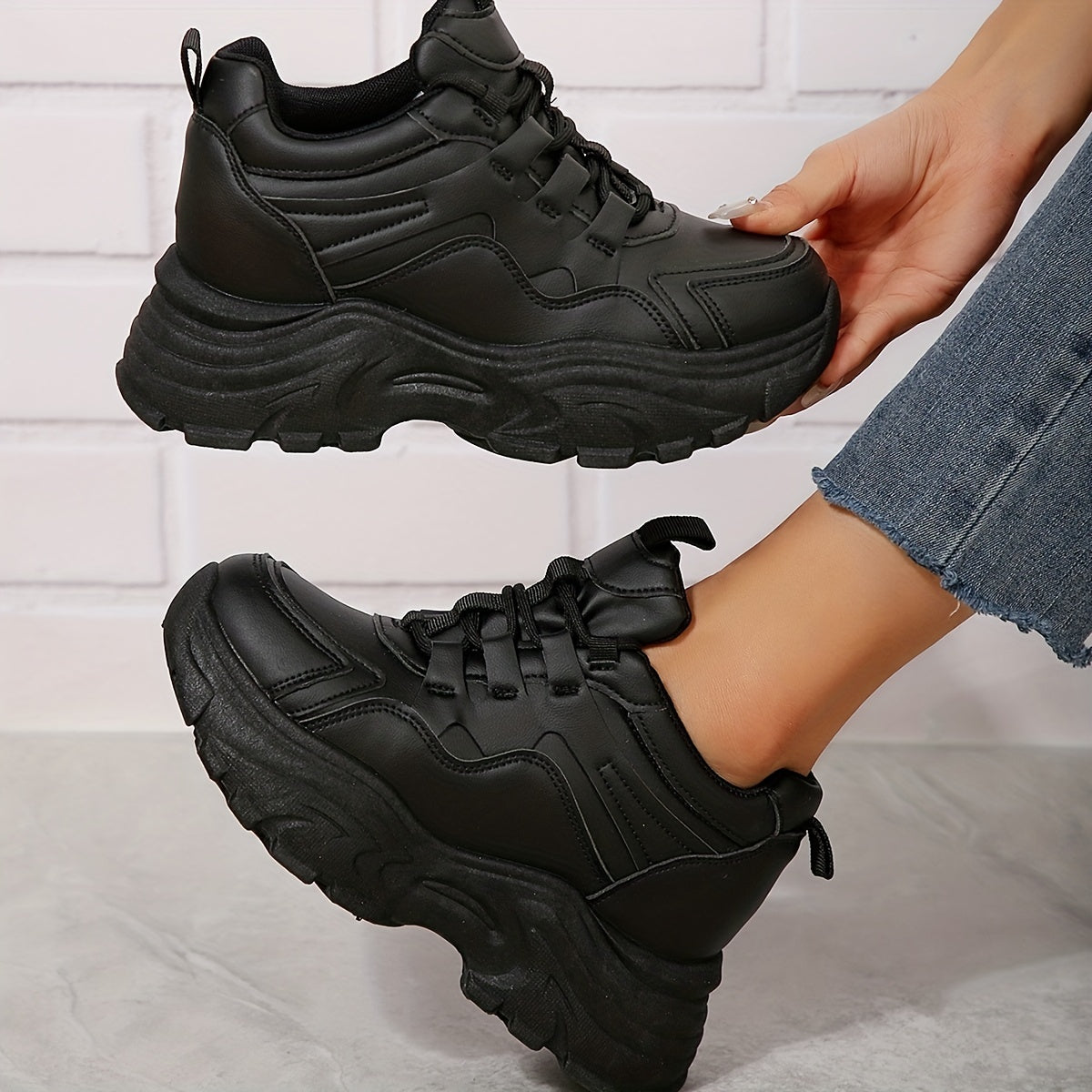 Women's White Platform Sneakers Casual Lace-Up Thick Sole All-Season
