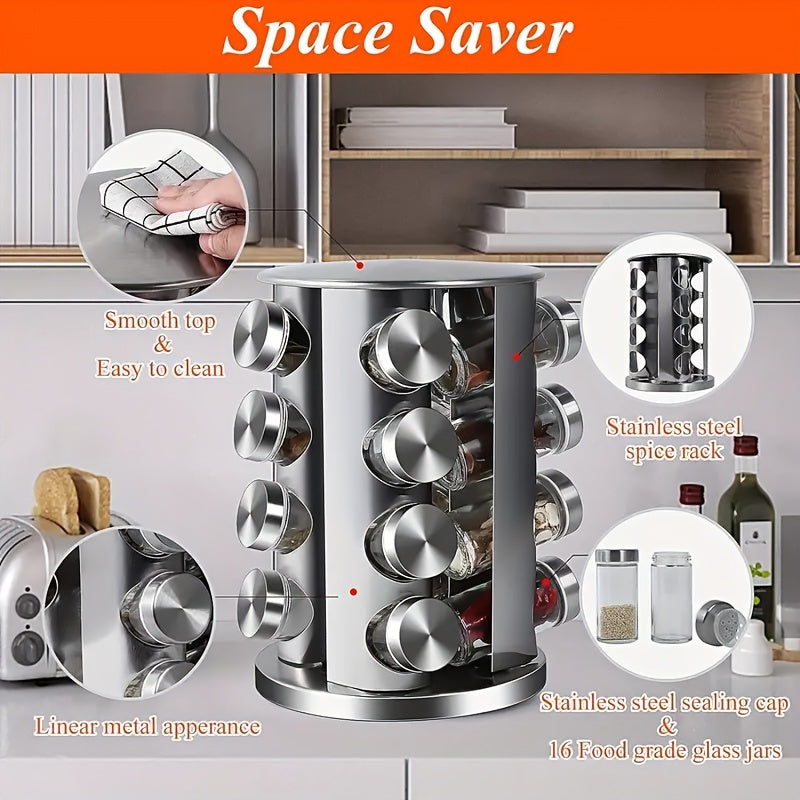 360° Rotating Stainless Steel Spice Rack Holds 12-20 Jars with Labels and Funnel
