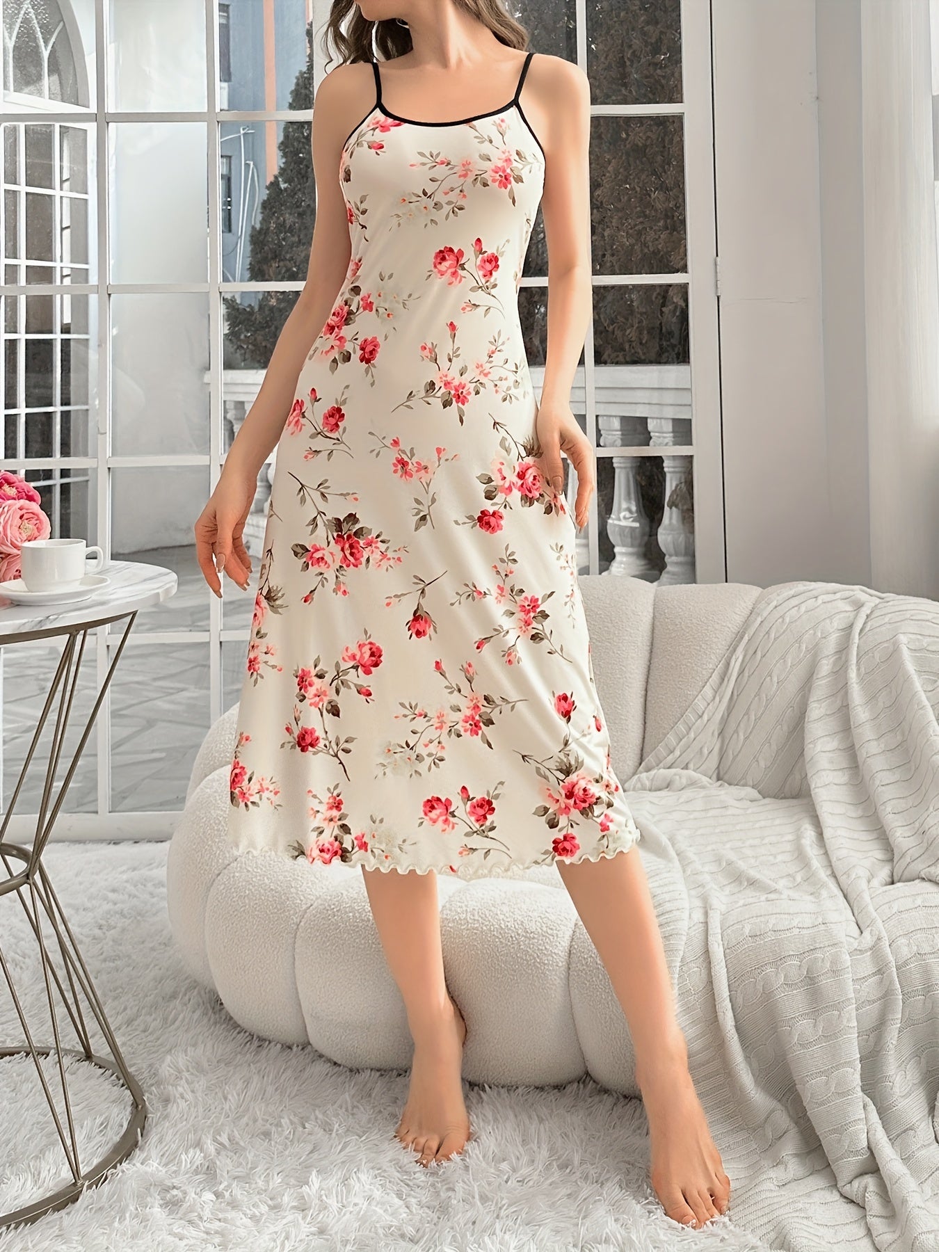 Women's Floral Slip Nightdress with Lettuce Trim Backless Spaghetti Strap All-Season