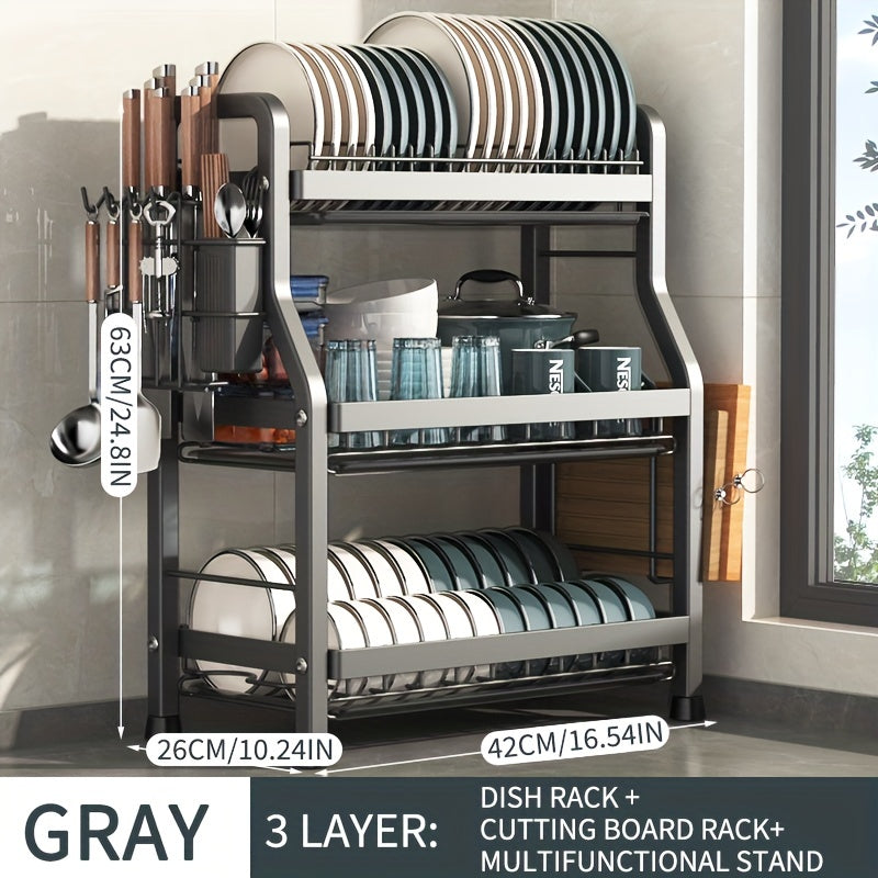 Estante de secado de platos de cocina de una pieza con soporte para tabla de cortar, organizador de utensilios, gran capacidad, a prueba de óxido, gris