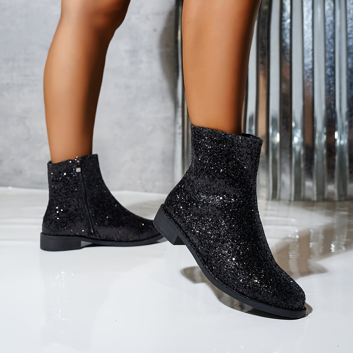 Women's Solid Color Sequin Short Boots with Zipper Warm Chunky Heel