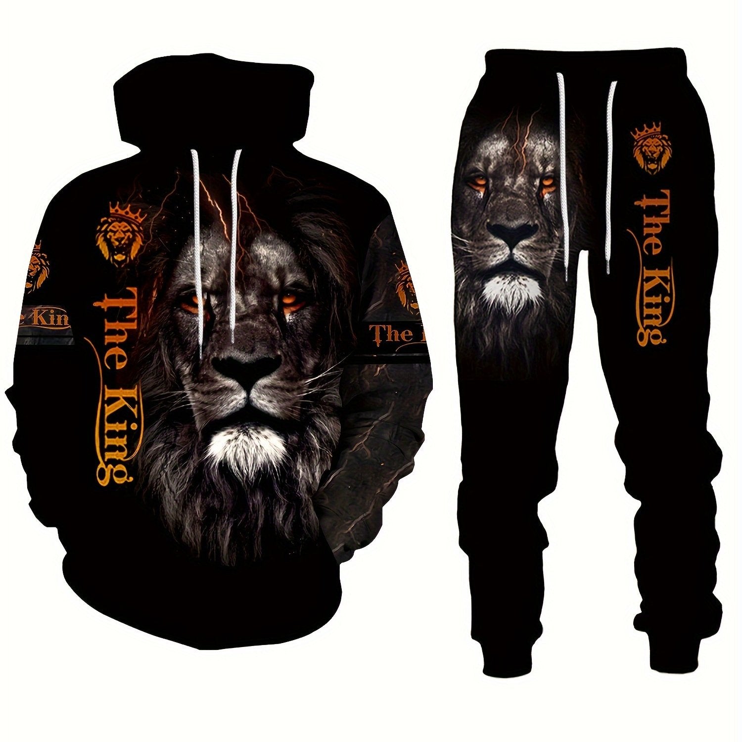 Men's Plus Size Lion Print 3D Hoodie and Sweatpants Set for Autumn Winter