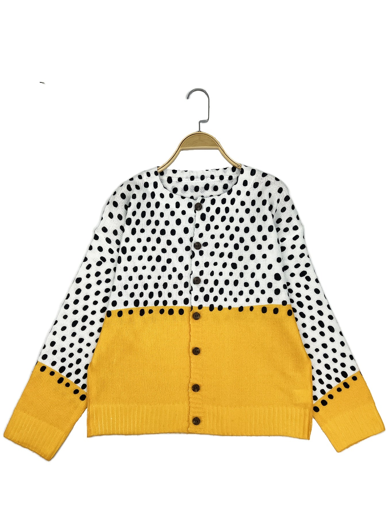 Plus-Size Women's Lightweight Cardigan Long Sleeve Polka Dots Yellow Black