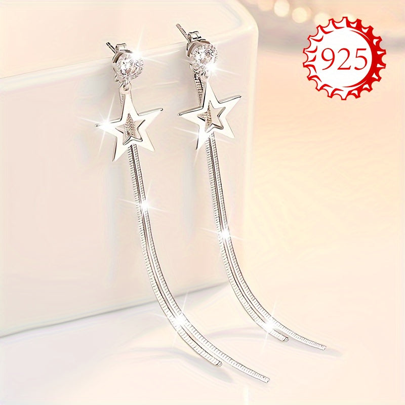 Silver Hypoallergenic Earrings for Women Star Tassel Medium Long Jewelry for Daily Wear Weddings and Vacations