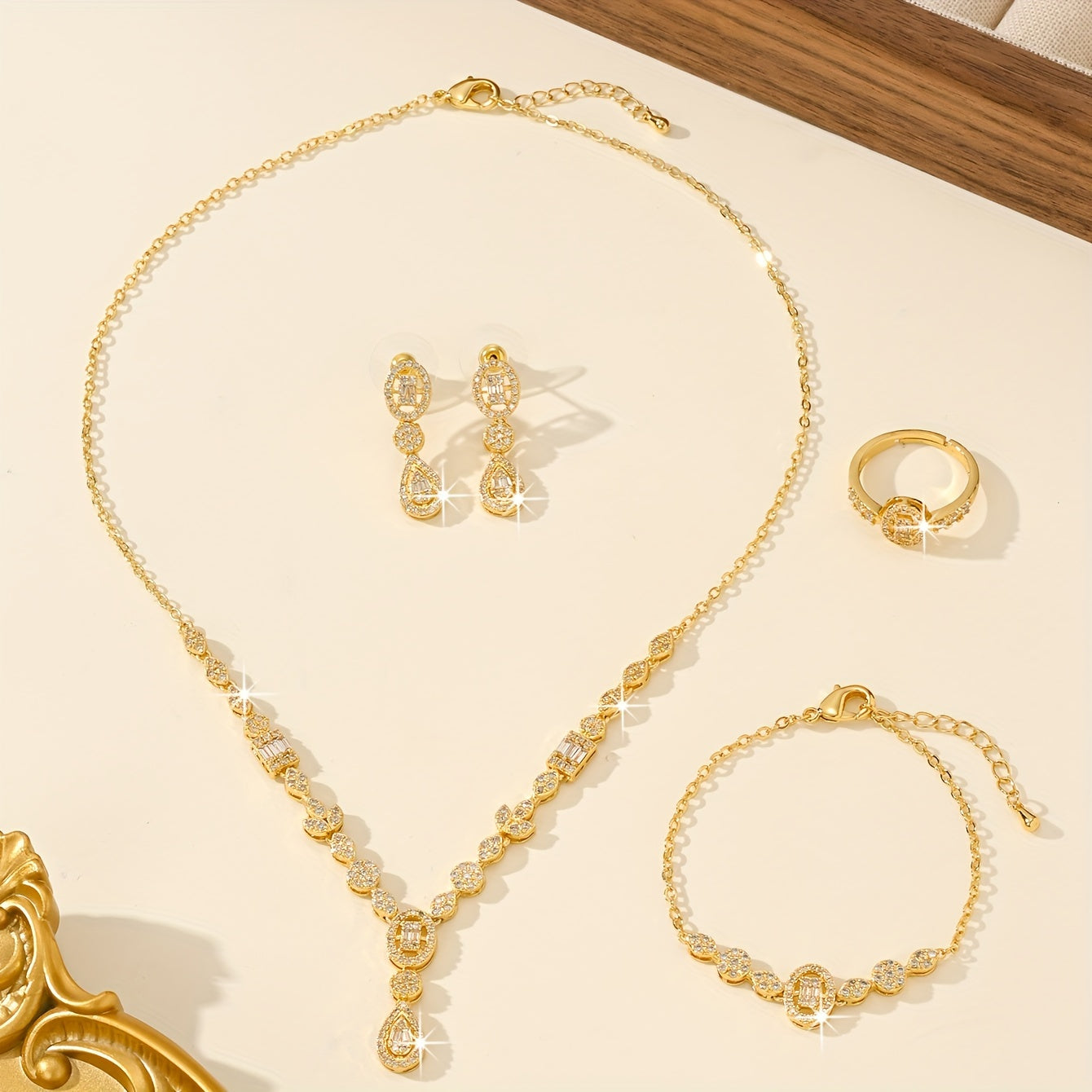 Геометрический ювелирный набор для женщин с кулоном, браслетом, серьгами и кольцом в винтажном стиле с кубическим цирконием