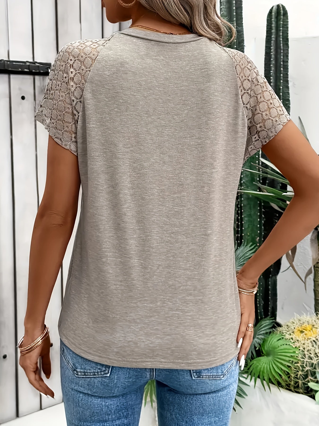 Women's Polyester Crew Neck T-Shirt with Lace Patchwork Solid Color Casual Top