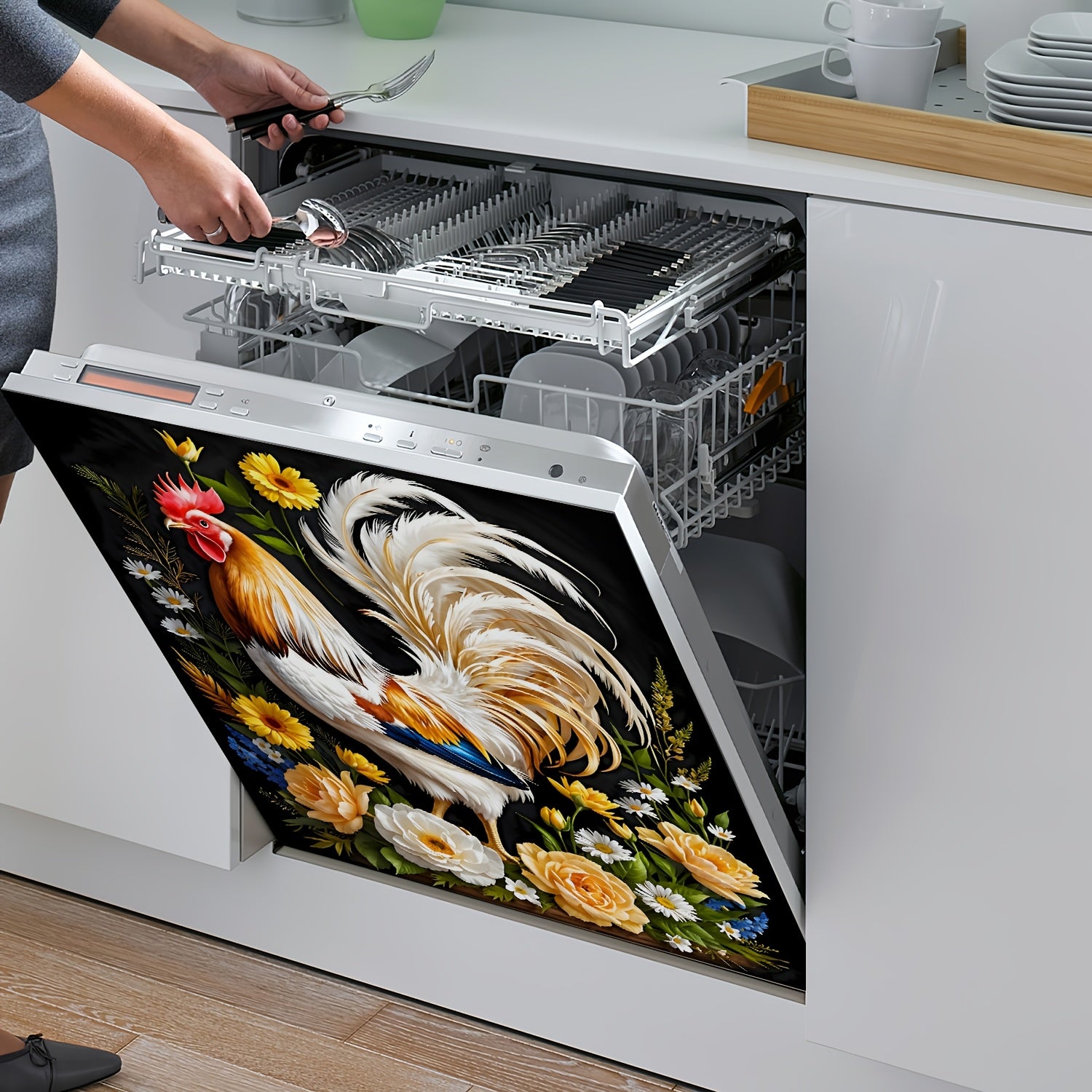 Наклейка на стену Farmhouse Kitchen Decal Rooster Floral Wreath PVC 58x66 см для холодильника и посудомоечной машины, декор