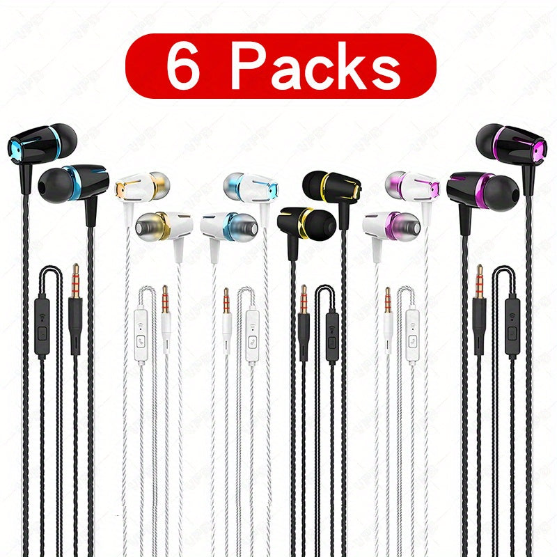 6-Pack Wired In-Ear Headphones with Microphone Noise Reduction Tangle-Free Stereo Sound
