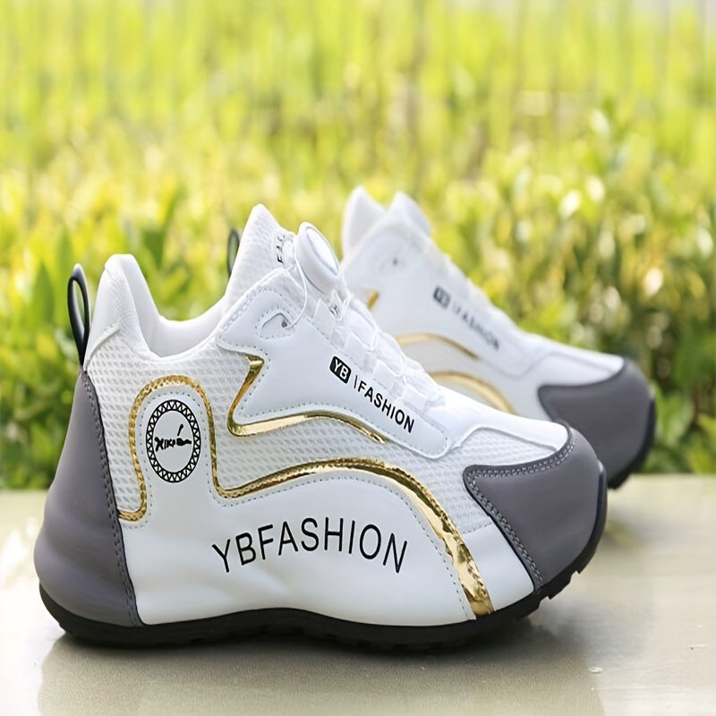 Men's White Mesh Athletic Sneakers with Rubber Sole and Gold Accents