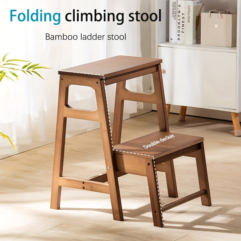 Folding Bamboo Step Stool, Compact Ladder for Home, Easy to Clean