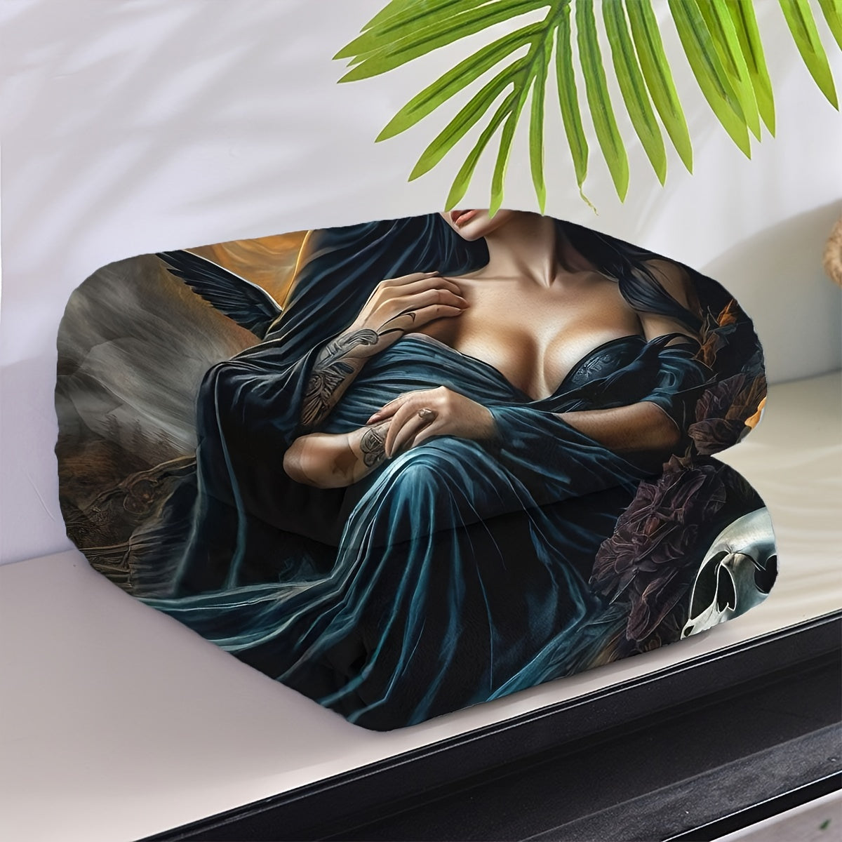 Reversible Knitted Polyester Throw Blanket with Fantasy Devil and Beauty Design