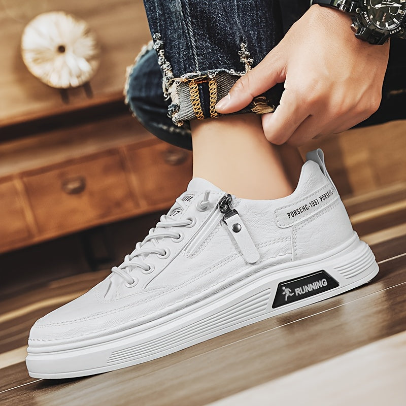 Men's White Faux Leather Sneakers with Zipper and Rubber Sole for Casual Spring 2024