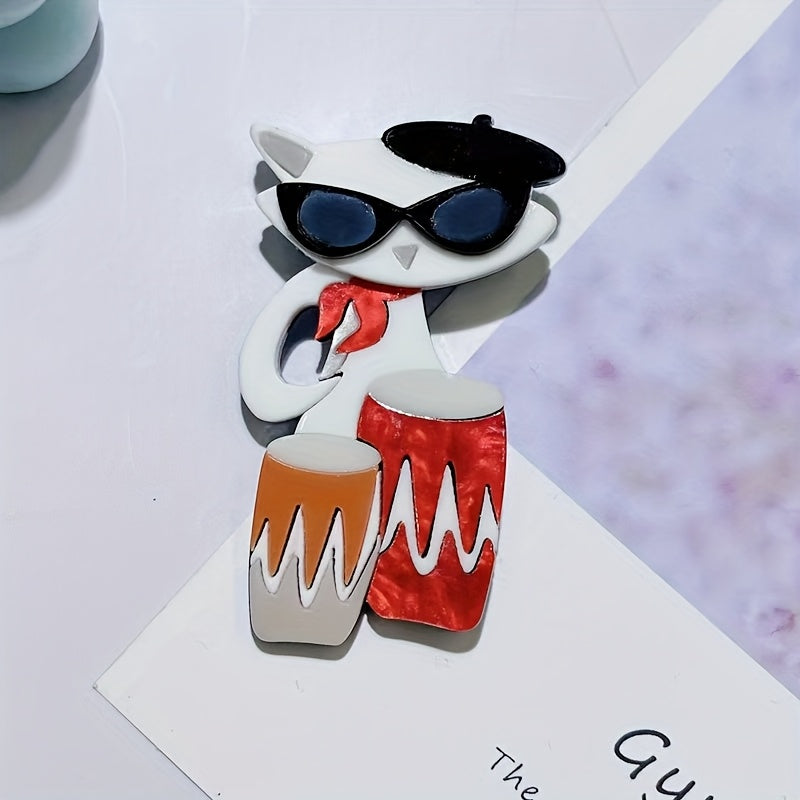 Unisex Cartoon Cat Drummer Brooch Pin Acrylic Irregular Shape Animal Music Badge Fashion Lapel Accessory