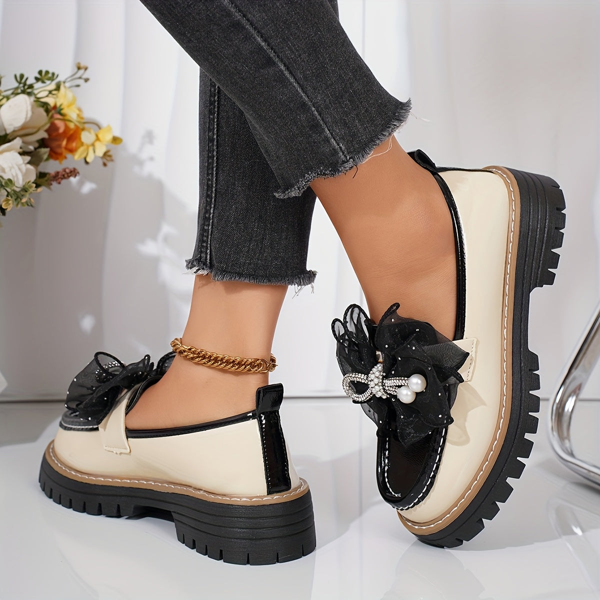 Women's Chunky Platform Loafers Slip-On Rhinestone Bow Synthetic Rubber Sole