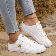 Women's Casual White Fabric Sneakers with Soft Sole and Round Toe