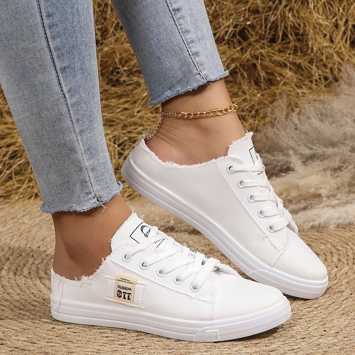 Women's Casual White Fabric Sneakers with Soft Sole and Round Toe