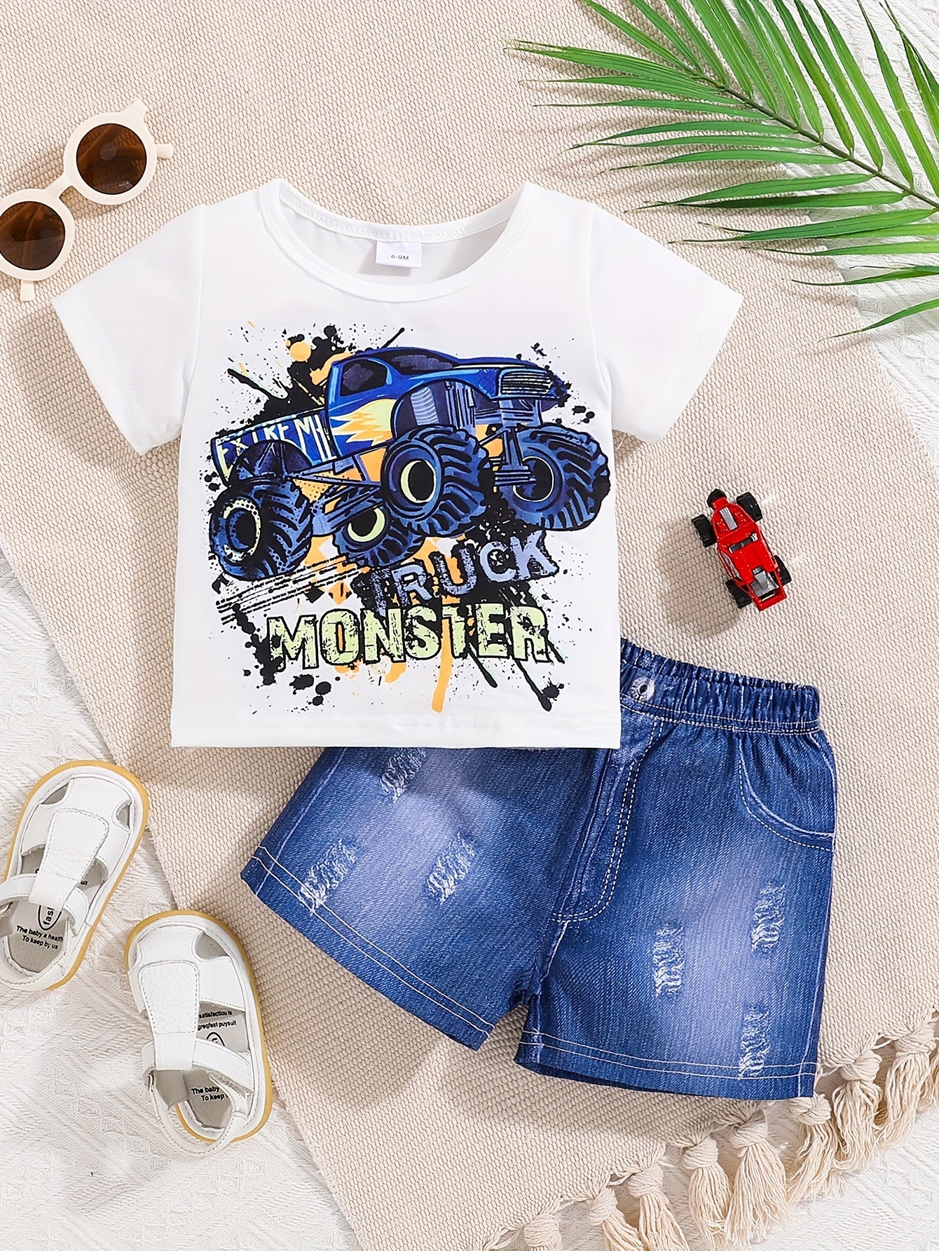 Boys' Off-Road Car Print T-Shirt and Denim-Style Shorts Set for Outdoor Play