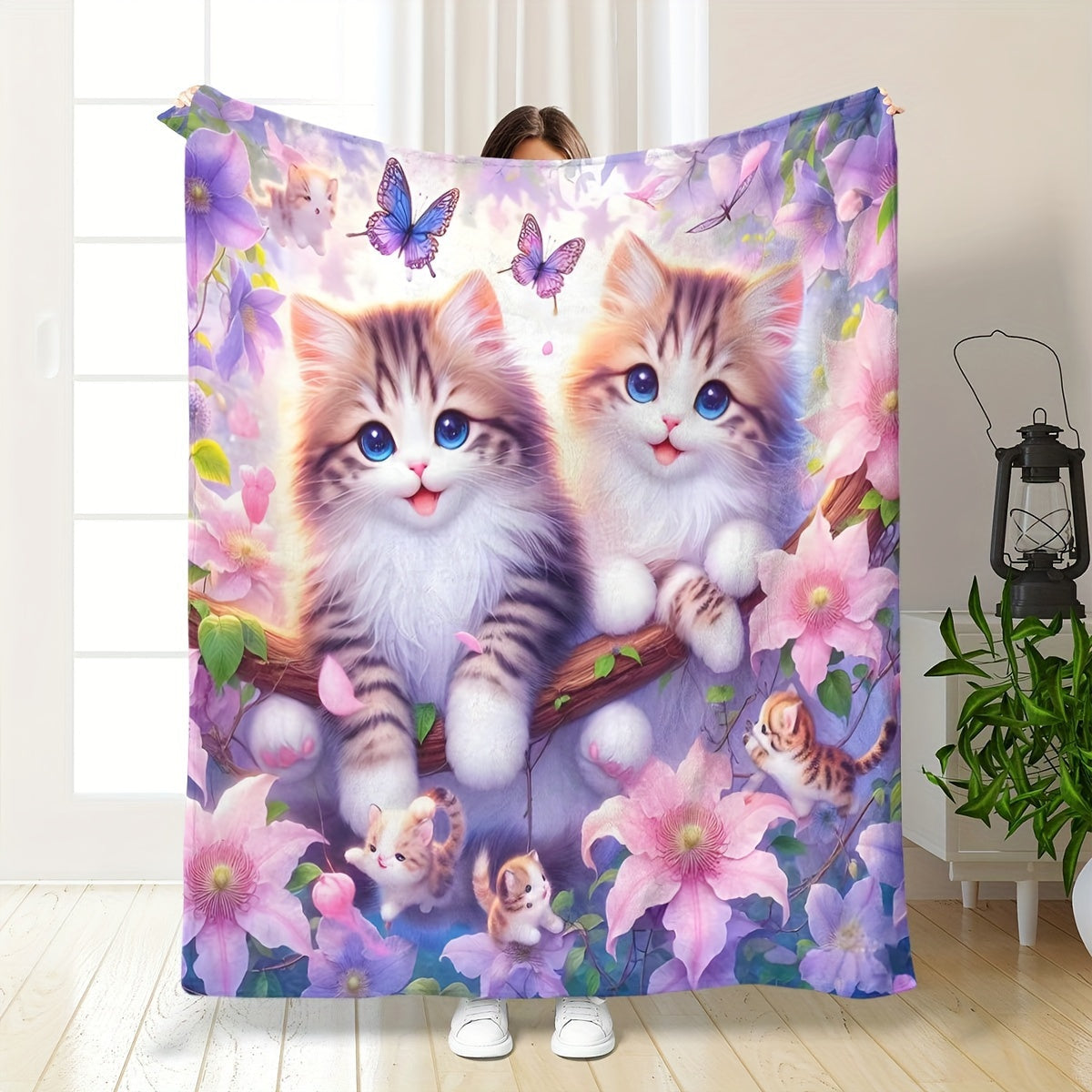 Cozy Plush Throw Blanket with Cat Print Flannel Polyester All-Season Home Decor