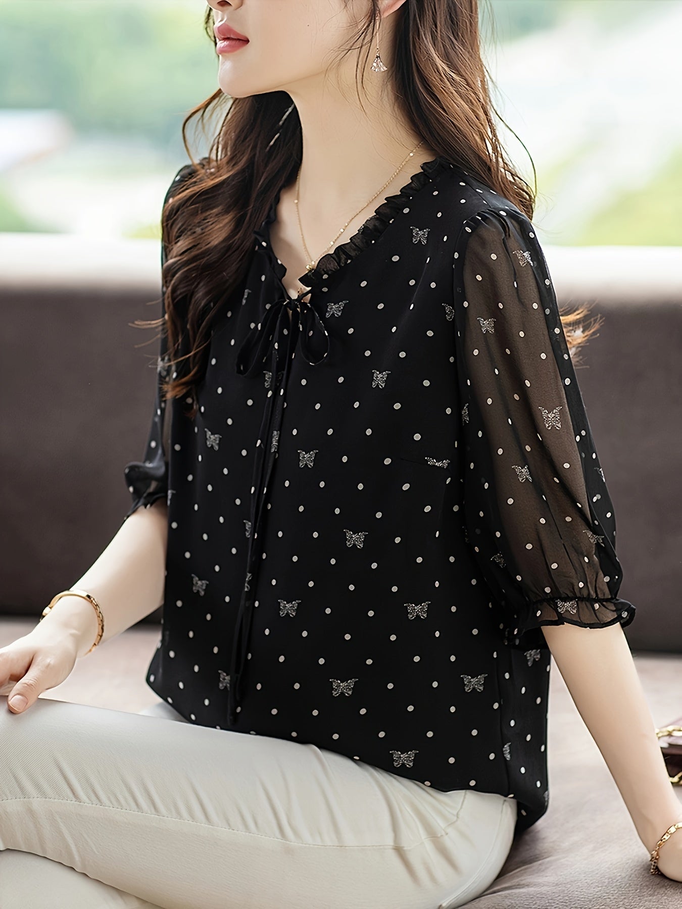Black Floral Chiffon Blouse with Bow Tie Neck Sheer Sleeves Summer 2024