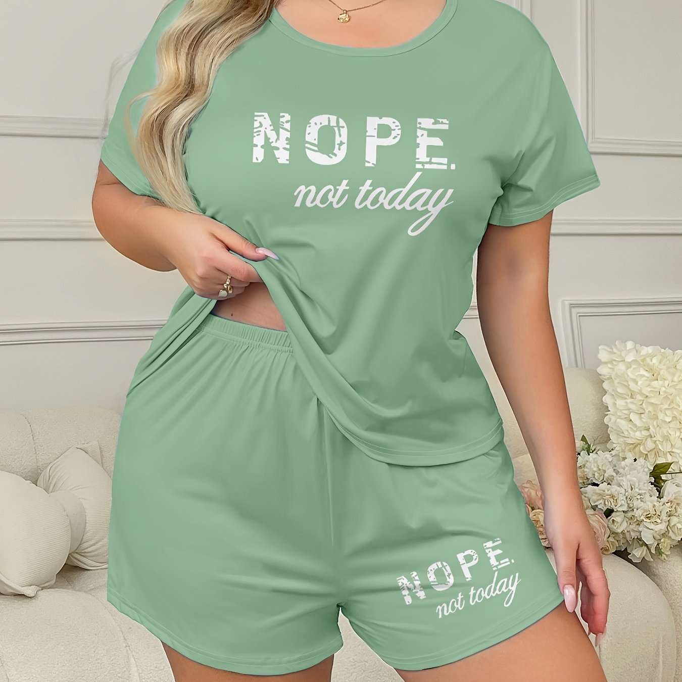 Plus Size Women's Loungewear Set Casual Slogan Print Short Sleeve Top and Elastic Shorts